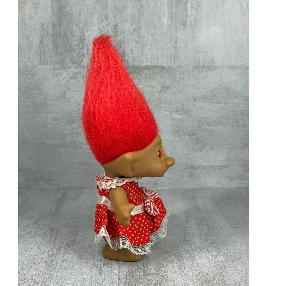Vintage Ace Novelty Treasure Troll Red Hair Red Gem Polka Dot Dress 3.75